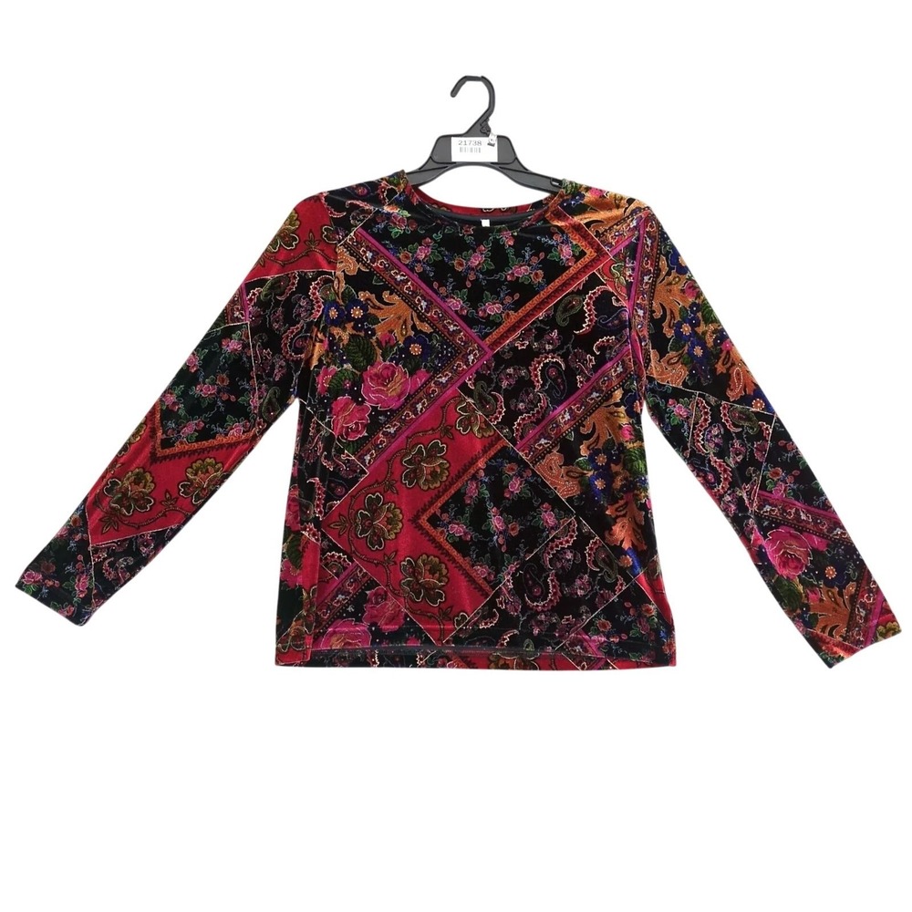 White Stag Floral Velvet Blouse Womens M Gold Metallic Accents Long Slv Academia